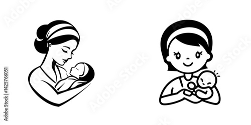 Illustration of a mother cradling her baby and a caregiver playing with an infant in a simple black icon design