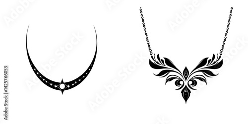 Elegant black icons of necklace designs showcasing intricate patterns and shapes suitable for fashion applications and branding