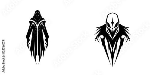 Black icon of a mysterious figure with elongated features, featuring a hood and skeletal design, evoking a sense of intrigue and darkness
