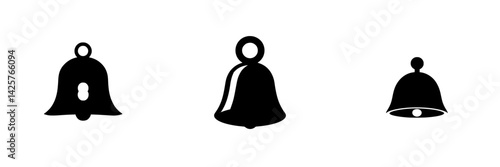Variety of black bell icons designed for digital or print applications featuring three unique bell shapes