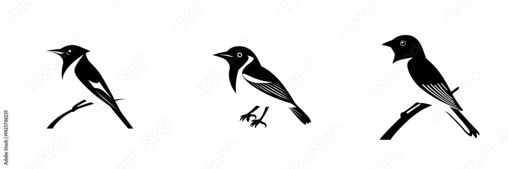 Fototapeta premium Stylized black bird icons representing different species perched on branches against a minimalistic background