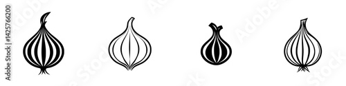Set of four black onion icons designed in a minimalistic style suitable for culinary projects or food-related graphics