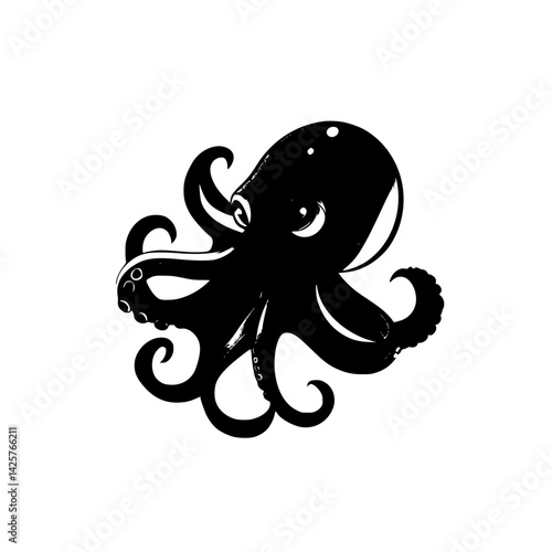Stylized black icon of an octopus with intricate tentacles showcasing a unique design, suitable for various creative projects
