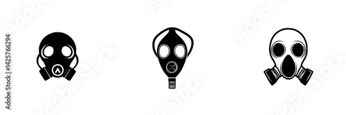 Set of black icons depicting various gas masks designed for use in hazardous environments and safety awareness