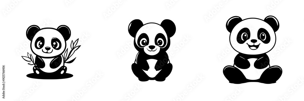 Fototapeta premium Cute black icons of pandas showcasing their playful and gentle nature in a minimalist style, perfect for various design applications