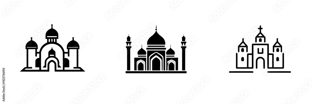 Set of black icons showcasing architectural landmarks with domes and spires in a minimalist style for design purposes and creative projects Set of black icons showcasing architectural landmarks with domes and spires in a minimalist style for design purposes and creative projects