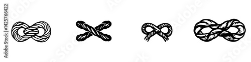 Set of black icons depicting various knots and twisted rope designs for graphic and design purposes