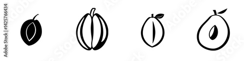 Set of black icons depicting various fruit shapes suitable for graphic design and illustration needs in modern visuals