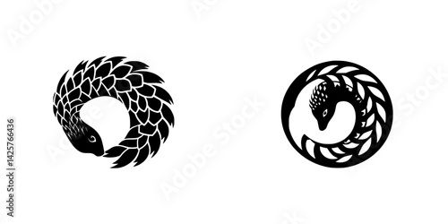 Black icon design featuring stylized pangolins in creative circular patterns showcasing elegance and simplicity