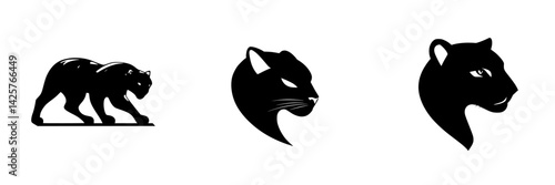 Set of black icons featuring a panther in motion, a silhouette of a panther's head, and a close-up of a panther's face during daytime