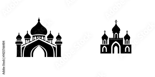 Set of black icons featuring architectural structures with domes and arches suitable for digital design projects