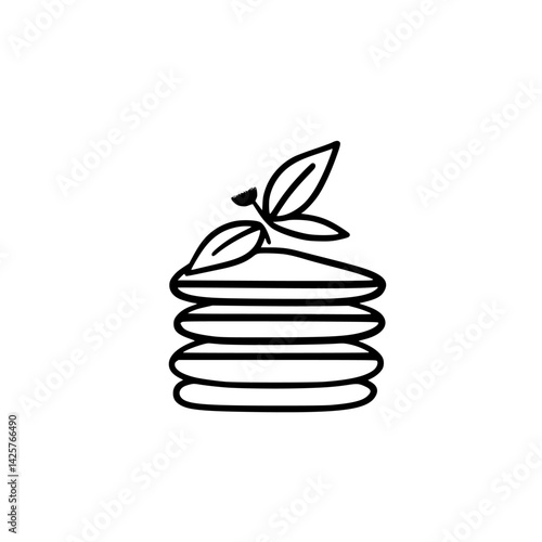 Black icon of stack of pancakes topped with a leaf, depicting a simple and minimalistic food design