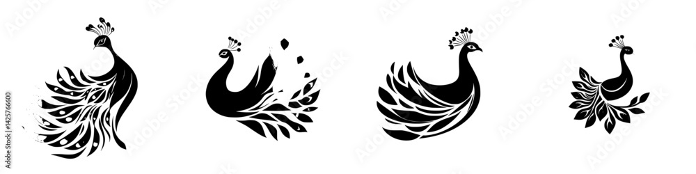 Fototapeta premium Black icons of peacocks showcasing elegant designs with flowing feathers and ornamental crowns