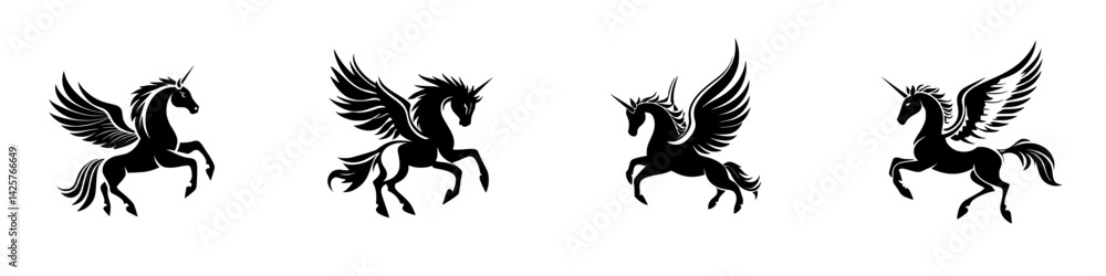 Stylized black unicorn icons with wings in various dynamic poses for creative designs Stylized black unicorn icons with wings in various dynamic poses for creative designs