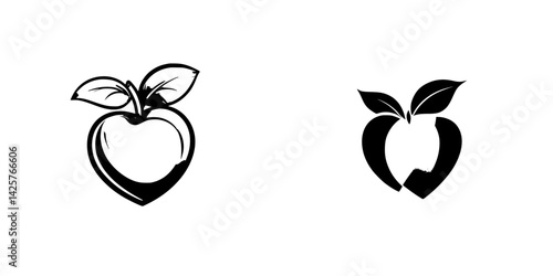Black fruit icon set featuring stylized apple designs with leaves for branding or decoration purposes