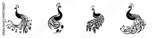 Elegant black peacock icons with intricate feather designs showcasing artistic style and grace
