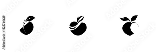 Set of black fruit icons featuring minimalist designs for visual representation of apples and oranges in a modern style