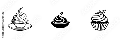 Delicious black icon collection featuring various styles of soft serve ice cream and cupcake desserts