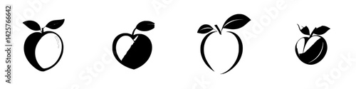 Set of black icon designs featuring stylized fruit shapes with leaves, illustrating various apple concepts and minimalistic style