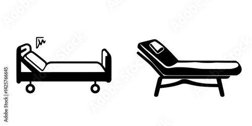 Health and relaxation icons illustrating a hospital bed and a lounge chair designed for comfort and care in various environments