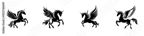 Stylized black unicorn icons with wings in various dynamic poses for creative designs