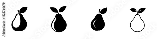 Four black pear icons featuring different designs and styles suitable for various graphic applications
