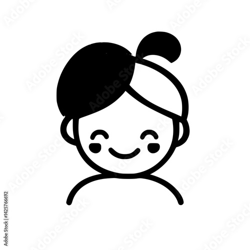 Simple black icon depicting a smiling person with a two-tone hairstyle showcasing happiness and positivity