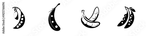 Set of black icons featuring various pea pod designs, emphasizing simplicity and elegance in food illustration