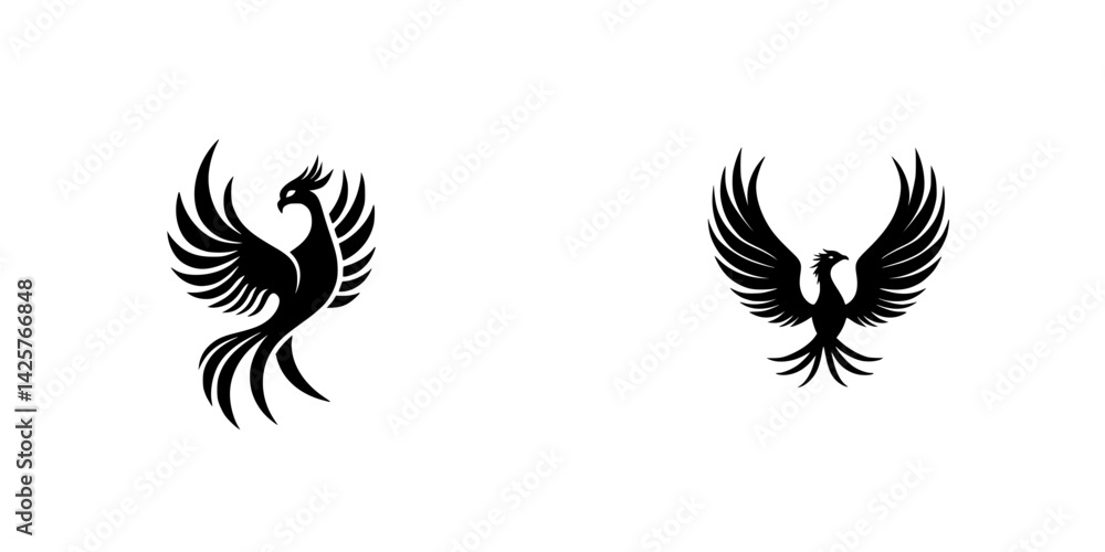 Obraz premium Black phoenix icons designed in a minimalist style showcasing elegance and strength with intricate feather details