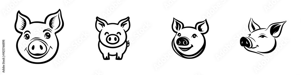 Fototapeta premium Collection of black line icons depicting various pig head and body designs suitable for farm logos or animal illustrations