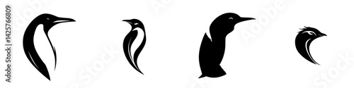 Black icon set featuring various stylized designs of penguins in different poses and orientations