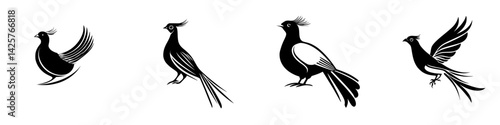 Elegant black icons of birds in various postures showcasing their unique features and details