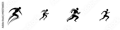 Set of black icons depicting various running poses showcasing athletic movement and speed in a dynamic style
