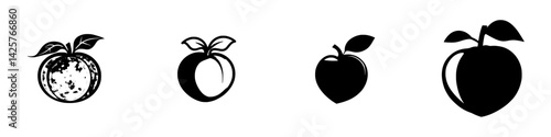 Set of black icons representing different stages of fruit design with leaves