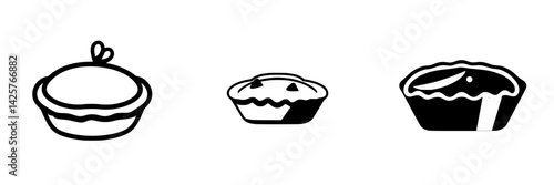 Black icon set featuring three distinct pie designs showcasing various styles and toppings