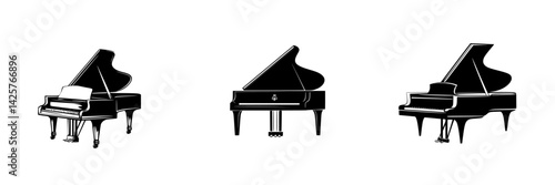 Elegant black grand pianos arranged in a creative display for artistic presentation