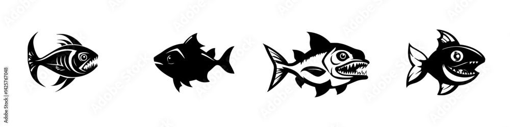Set of black icons featuring stylized fish designs suitable for various graphic projects Set of black icons featuring stylized fish designs suitable for various graphic projects