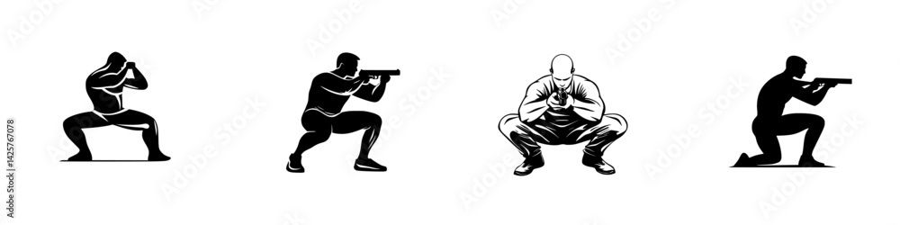 Fototapeta premium Dynamic black icon showcasing various shooting stances for tactical training and firearm practice