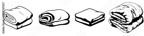 Different styles of black icons representing folded blankets and rolled bedding in simplistic design