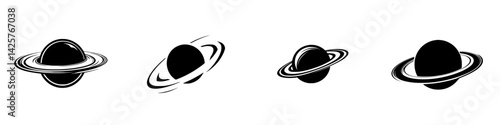 Artistic black icons depicting various styles of Saturn in a minimalist design for visual projects and branding
