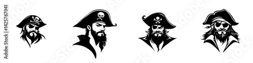 Black icons of pirate characters featuring distinct beards, hats, and expressions, ideal for themed designs and illustrations