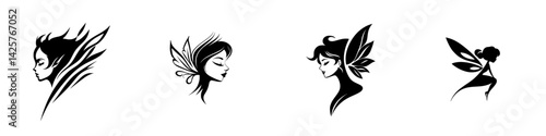 Elegant black icon set featuring abstract profiles of fairies and magical beings in a stylized design