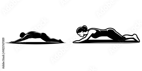 Black silhouettes depict man and woman in contrasting positions during a stretching exercise session