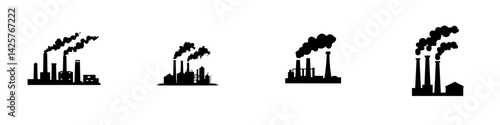 Various black industrial icons depicting factories with smokestacks and emissions during daylight hours