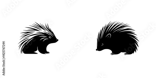 Set of black icons depicting two distinct styles of porcupines with prominent quills in a minimalist design