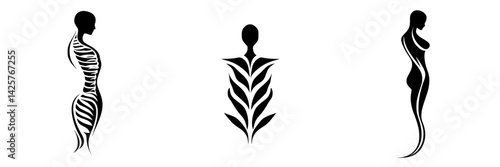 Elegant black icons representing female silhouettes with floral and abstract designs for creative projects