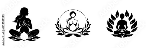 Black icon set featuring meditative figures surrounded by lotus flowers in a minimalist design for wellness and mindfulness themes