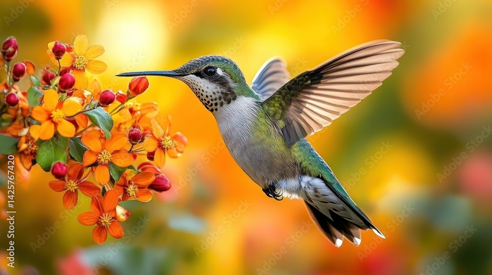 Fototapeta premium Hummingbird in flight, nectar-feeding