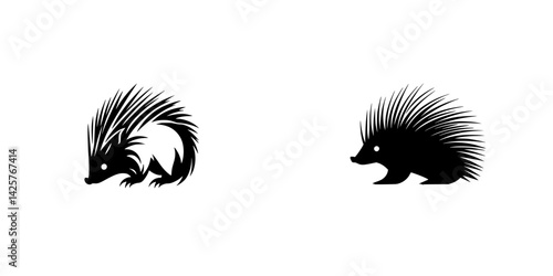 Creative black icon design featuring two distinct porcupine silhouettes showcasing different postures and stylized spines