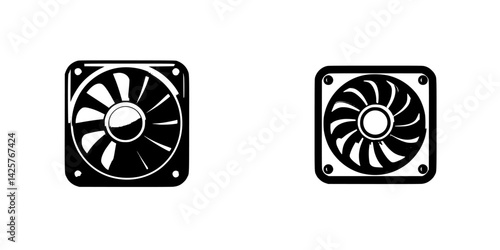 Black icons representing computer fans illustrating different designs and shapes for cooling systems in technology applications